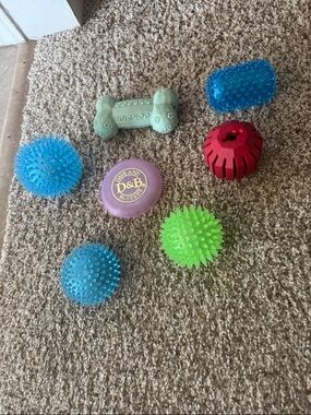 Lot of 7 Dog Toys - includes a frisbee, a squeaky bone, a Kong & 4 spikey balls